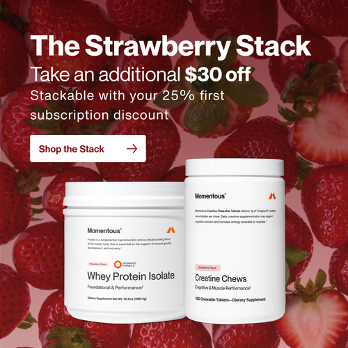 “The Strawberry Stack
Take an additional $30 off
Stackable with your 25% first subscription discount
Shop the Stack →” with products and strawberry background.