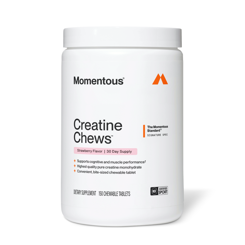 White jar of Momentous Creatine Chews, Strawberry Flavor, 30 Day Supply. The Momentous Standard Signature Spec. Key benefits: Supports cognitive and muscle performance, Highest quality pure creatine monohydrate, Convenient bite-sized chewable tablet. Dietary Supplement, 150 Chewable Tablets. NSF Certified for Sport.