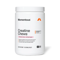 White jar of Momentous Creatine Chews, Strawberry Flavor, 30 Day Supply. The Momentous Standard Signature Spec. Key benefits: Supports cognitive and muscle performance, Highest quality pure creatine monohydrate, Convenient bite-sized chewable tablet. Dietary Supplement, 150 Chewable Tablets. NSF Certified for Sport.