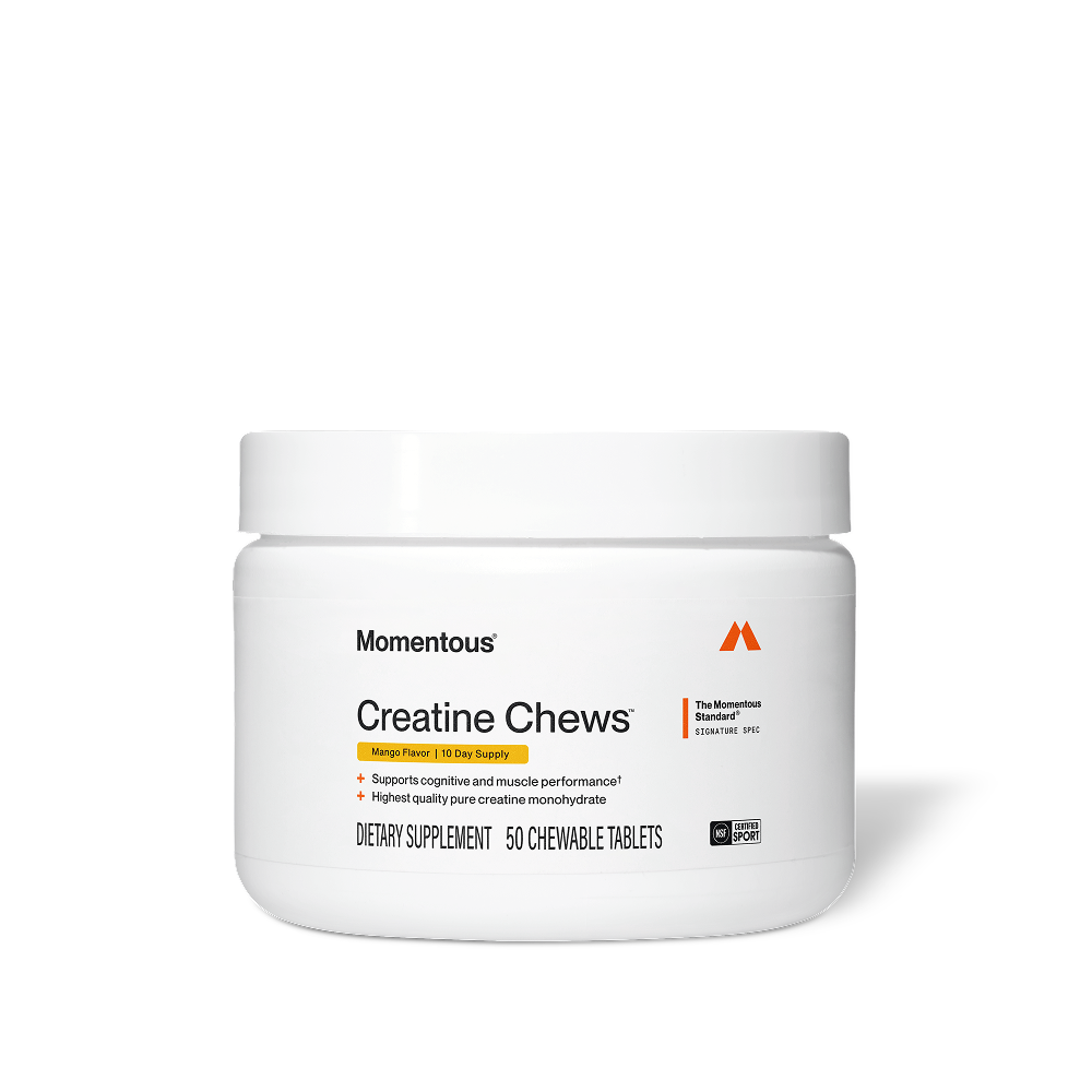White jar of Momentous Creatine Chews, Mango Flavor, 10 Day Supply. The Momentous Standard Signature Spec. Key benefits: Supports cognitive and muscle performance, Highest quality pure creatine monohydrate. Dietary Supplement, 50 Chewable Tablets. NSF Certified for Sport.