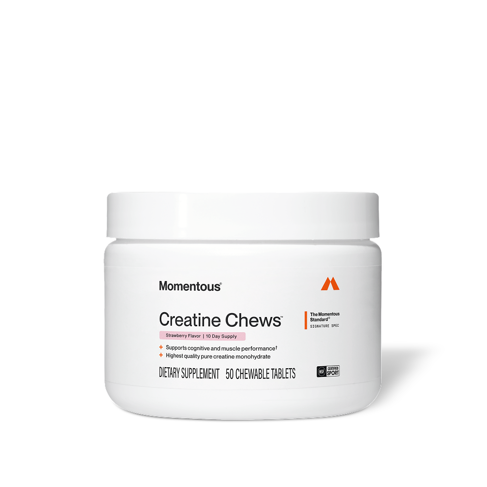 White jar of Momentous Creatine Chews, Strawberry Flavor, 10 Day Supply. The Momentous Standard Signature Spec. Key benefits: Supports cognitive and muscle performance, Highest quality pure creatine monohydrate. Dietary Supplement, 50 Chewable Tablets. NSF Certified for Sport.