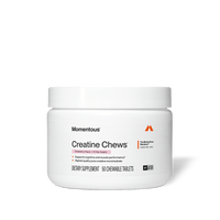 White jar of Momentous Creatine Chews, Strawberry Flavor, 10 Day Supply. The Momentous Standard Signature Spec. Key benefits: Supports cognitive and muscle performance, Highest quality pure creatine monohydrate. Dietary Supplement, 50 Chewable Tablets. NSF Certified for Sport.