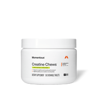 White jar of Momentous Creatine Chews, Lemon Lime Flavor, 10 Day Supply. The Momentous Standard Signature Spec. Key benefits: Supports cognitive and muscle performance, Highest quality pure creatine monohydrate. Dietary Supplement, 50 Chewable Tablets. NSF Certified for Sport.