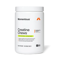 White jar of Momentous Creatine Chews, Lemon Lime Flavor, 30 Day Supply. The Momentous Standard Signature Spec. Key benefits: Supports cognitive and muscle performance, Highest quality pure creatine monohydrate, Convenient bite-sized chewable tablet. Dietary Supplement, 150 Chewable Tablets. NSF Certified for Sport.