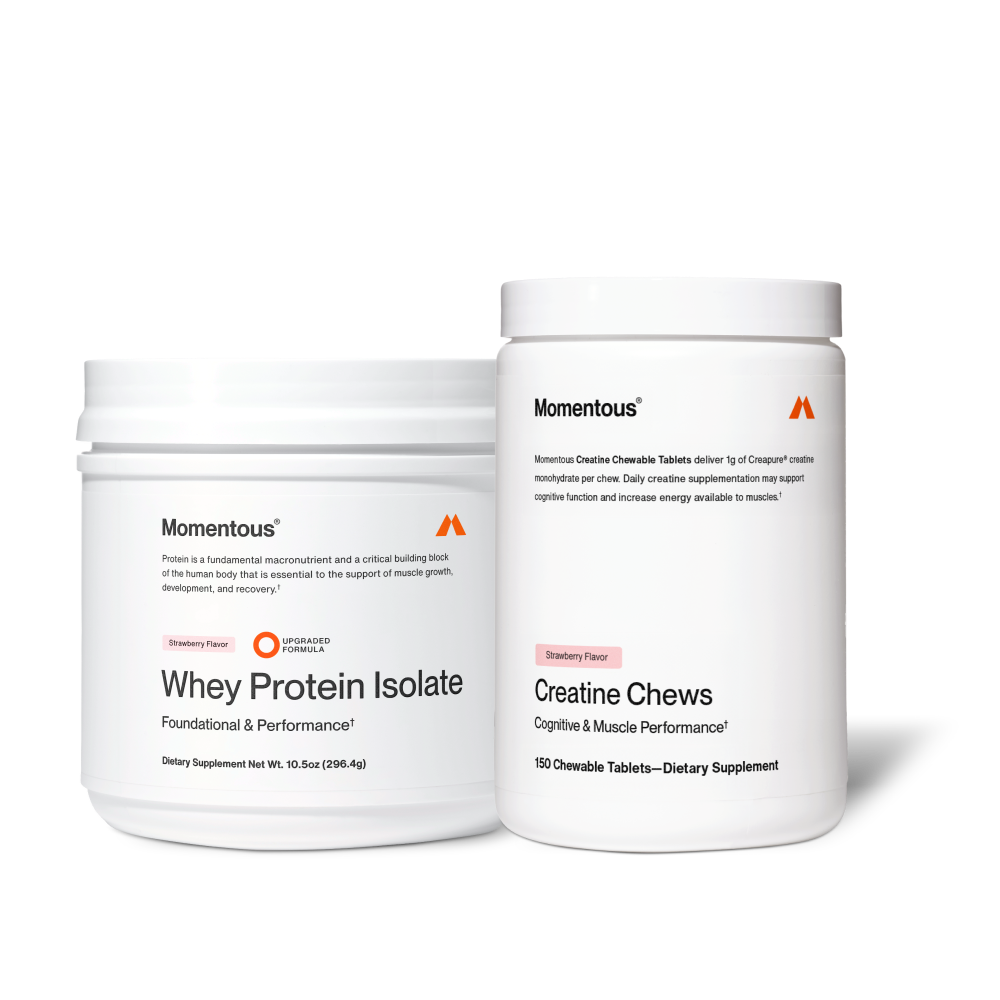 Momentous containers labeled “Whey Protein Isolate – Foundational & Performance†” (Strawberry Flavor) and “Creatine Chews – Cognitive & Muscle Performance†.”