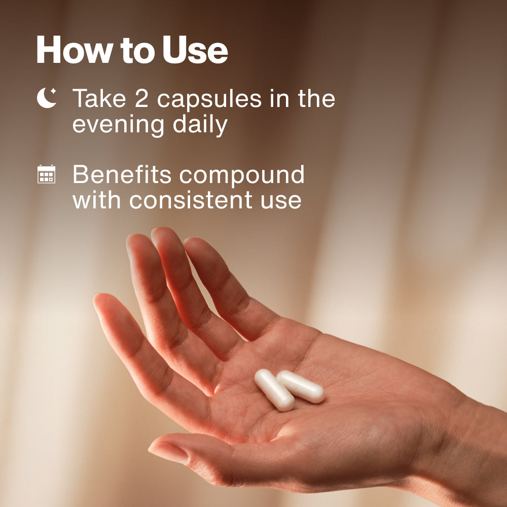 Two white capsules resting in an open palm. Text reads: How to Use. Take 2 capsules in the evening daily. Benefits compound with consistent use.