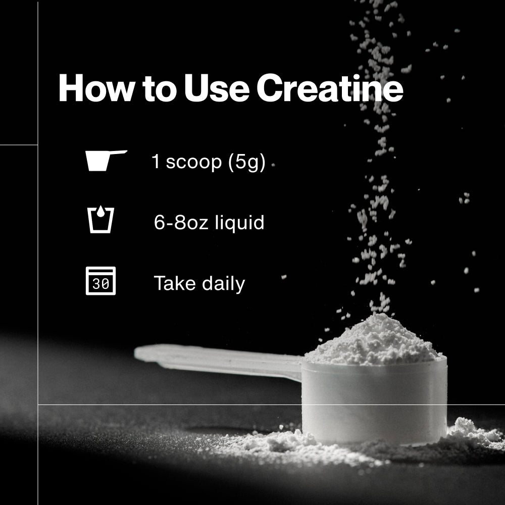 How to use Momentous Creatine - mix 1 scoop of 5g creatine powder in 6 to 8 ounces of liquid and take daily, shown with a white scoop and creatine powder on a black background