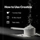 How to use Momentous Creatine - mix 1 scoop of 5g creatine powder in 6 to 8 ounces of liquid and take daily, shown with a white scoop and creatine powder on a black background