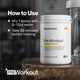 How to use Momentous Pre-Workout: mix 1 scoop with 8 to 12oz water and take 30 minutes before training, with the Lemonade 30 servings tub beside a clear shaker bottle on a wooden bench in a dark gym, PRE Workout wordmark in the corner. (235 chars)