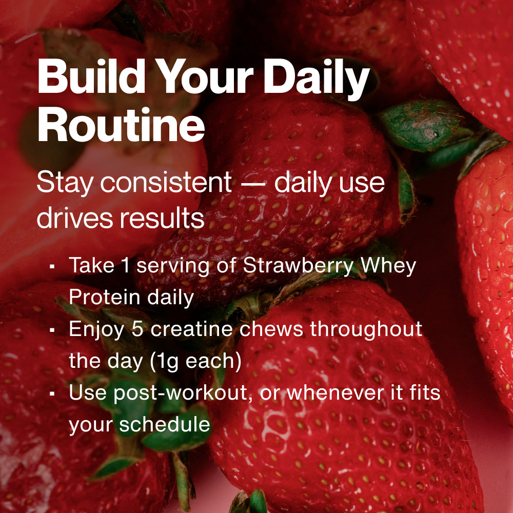 “Build Your Daily Routine
Stay consistent — daily use drives results
• Take 1 serving of Strawberry Whey Protein daily
• Enjoy 5 creatine chews throughout the day (1g each)
• Use post-workout, or whenever it fits your schedule” over strawberries background.