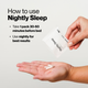 How to use Nightly Sleep: take 1 pack 30 to 60 minutes before bed, use nightly for best results, with a hand tearing open a Momentous Nightly Sleep single-use 3-capsule pack over an open palm holding three white capsules. (219 chars)