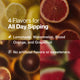 Four-quadrant fruit graphic of lemon, blood orange, watermelon, and grapefruit, headline 4 Flavors for All Day Sipping: Lemonade, Watermelon, Blood Orange, and Grapefruit, with text No artificial flavors or sweeteners. (222 chars)