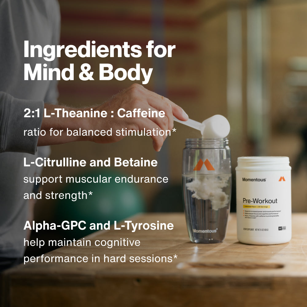 Ingredients for Mind and Body, Momentous Pre-Workout: a hand tips a scoop of powder into a shaker bottle beside the tub on a wooden gym bench, with a 2 to 1 L-Theanine to Caffeine ratio for balanced stimulation, L-Citrulline and Betaine to support muscular endurance and strength, and Alpha-GPC and L-Tyrosine to help maintain cognitive performance in hard sessions. (366 chars)