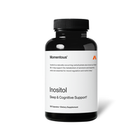 Black bottle of Momentous Inositol on a black background. Label reads: “Momentous,” “Inositol is a naturally occurring carbohydrate also known as Vitamin B8. It may support the metabolism of serotonin and dopamine, which are essential for mood regulation and restful sleep†.” Product name reads: “Inositol,” “Sleep & Cognitive Support†,” and “120 Capsules—Dietary Supplement.”