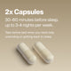 Two white capsules on a beige background. Text reads: “2x Capsules,” “30–60 minutes before sleep, up to 3–4 nights per week.” Additional text reads: “Take before bed when you need help unwinding or getting back to sleep.”