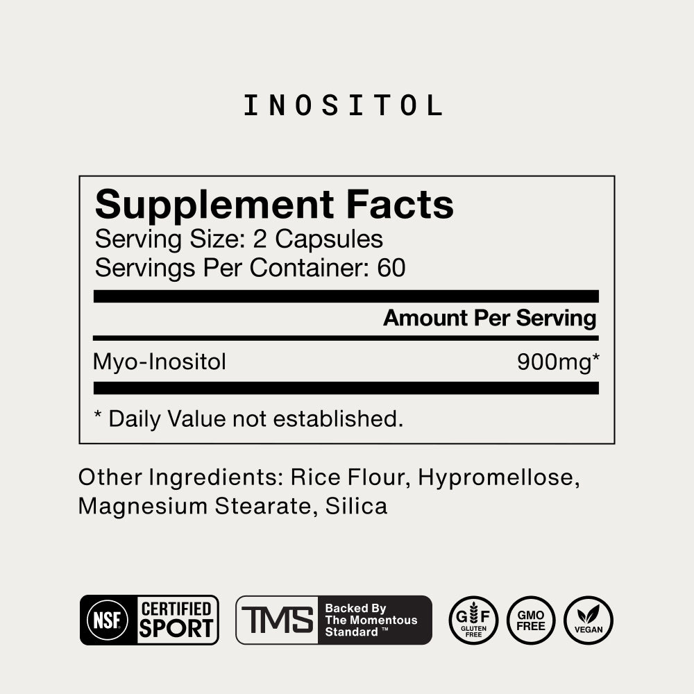Supplement Facts label for Inositol. Text reads: “INOSITOL,” “Supplement Facts,” “Serving Size: 2 Capsules,” “Servings Per Container: 60.” “Amount Per Serving.” “Myo-Inositol 900mg*.” “* Daily value not established.” “Other Ingredients: Rice Flour, Hypromellose, Magnesium Stearate, Silica.” Icons include: “NSF Certified Sport,” “TMS Backed By The Momentous Standard™,” “Gluten Free,” “GMO Free,” and “Vegan.”