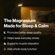 A dimly lit bedroom with a reading lamp beside a neatly made bed. Text reads: The Magnesium Made for Sleep and Calm. Promotes better sleep quality. Helps ease everyday stress. Supports muscle relaxation. Aids whole-body function.
