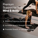 Woman exercising on a yoga mat with Momentous Creatine benefits listed - premium support for your mind and body, supports cognitive performance, increases muscle strength and power, promotes growth of lean muscle mass