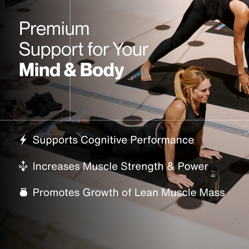 Premium Support for Your Mind & Body. Two women exercising on black yoga mats in a gym. Three benefits listed: Supports Cognitive Performance, Increases Muscle Strength & Power, Promotes Growth of Lean Muscle Mass.
