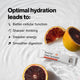 Momentous Daily Hydration packet resting in water among blood orange halves, beside the headline Optimal hydration leads to: Better cellular function, Sharper thinking, Steadier energy, Smoother digestion. (205 chars)