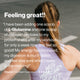 Woman seen from behind with a ponytail wearing a workout top in a gym setting. Overlaid text reads: “Feeling great!!” “I have been adding one scoop of L-Glutamine and one scoop of collagen peptides to my protein shake after my workouts for only a week now and feel so good! My energy has increased, my digestion is much better, and feel less sore when I wake in the morning!” Chantel (Verified Customer), ★★★★★