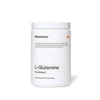 White Momentous supplement container on a clean background labeled L-Glutamine. Overlaid text reads: “Momentous” “L-Glutamine is the most abundant amino acid in the body. Regular supplementation may help maintain gut health and immune function by supporting the gut mucosal lining and microbiome.” “L-Glutamine” “Foundational†” “Dietary Supplement Net Wt. 10.6oz (300g)”
