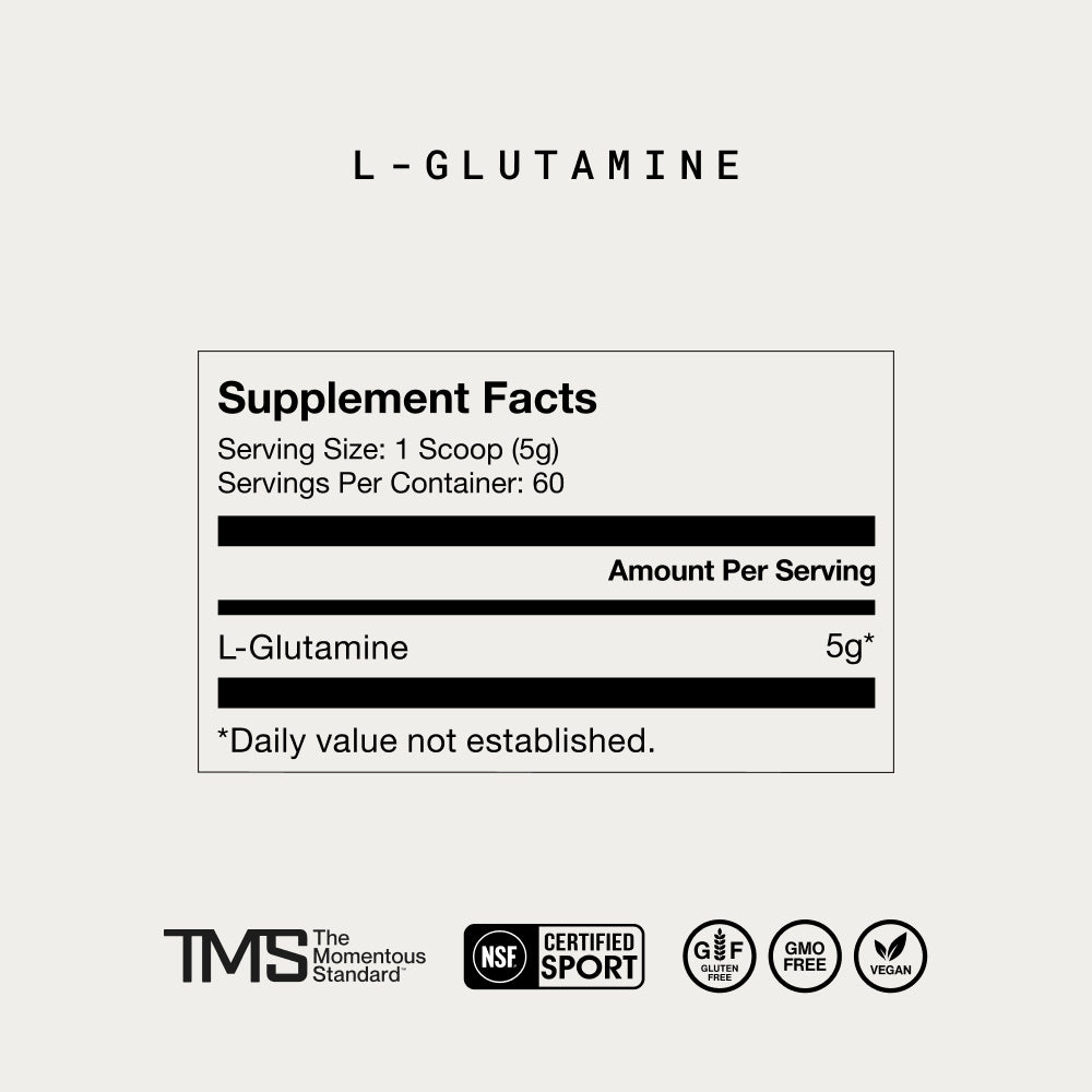 Supplement facts label for L-Glutamine on a white background. Text reads: “L-GLUTAMINE” “Supplement Facts” “Serving Size: 1 Scoop (5g)” “Servings Per Container: 60” “Amount Per Serving” “L-Glutamine 5g*” “*Daily value not established.” Logos shown: TMS The Momentous Standard, NSF Certified for Sport, Gluten Free, GMO Free, Vegan.