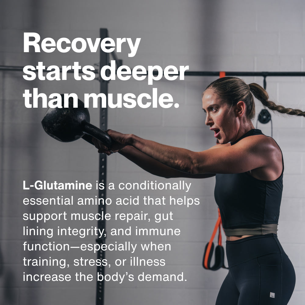 Athletic woman performing a kettlebell exercise in a gym. Overlaid text reads: “Recovery starts deeper than muscle.” “L-Glutamine is a conditionally essential amino acid that helps support muscle repair, gut lining integrity, and immune function—especially when training, stress, or illness increase the body’s demand.”