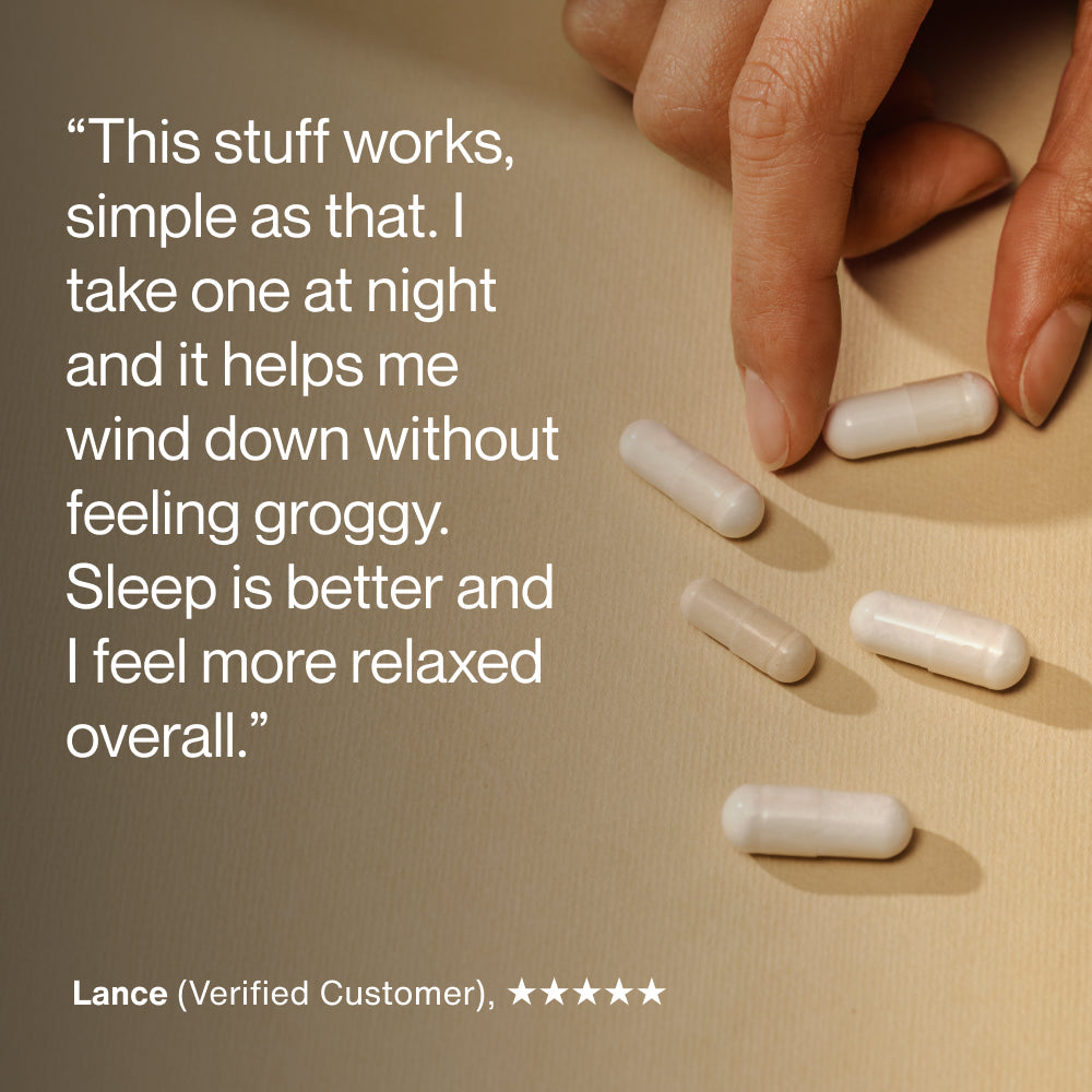 Hand reaching for white L-Theanine capsules scattered on a tan surface, with a five-star verified customer quote from Lance: 
