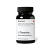Black bottle of Momentous L-Theanine capsules with a white label on a black background. Text on the label reads: “Momentous®” “L-Theanine is an amino acid found in tea that supports the production of neurotransmitters such as serotonin and may promote relaxation and sleep.†” “L-Theanine” “Sleep & Cognitive Support†” “60 Capsules—Dietary Supplement”