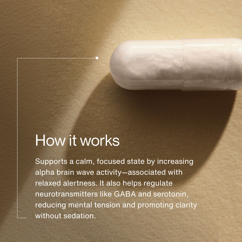 Close-up of a capsule on a surface. Text reads: “How it works. Supports a calm, focused state by increasing alpha brain wave activity associated with relaxed alertness. Helps regulate GABA and serotonin, reducing tension and promoting clarity without sedation.”