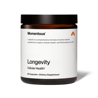 Momentous Longevity Cellular Health supplement jar with 90 capsules, white label and black lid, photographed against a plain background.