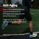 Runner sprinting on a track or turf field. Text reads: “Anti Aging.” “I rely on lab analysis to evaluate supplements and all of my biomarkers have improved after taking this product. Thank you so much for leaning into the cutting edge of anti aging!” Attribution reads: “James (Verified Customer), ★★★★★.”