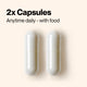 2x Capsules. Anytime daily - with food. Image shows two capsules.