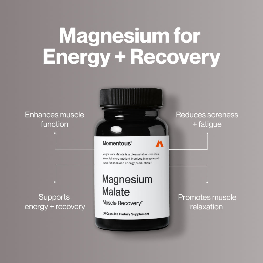 Magnesium for Energy + Recovery. Enhances muscle function. Supports energy + recovery. Reduces soreness + fatigue. Promotes muscle relaxation. Image shows Momentous Magnesium Malate bottle.