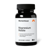 Black bottle of Momentous Magnesium Malate dietary supplement with white label, 60 capsules.