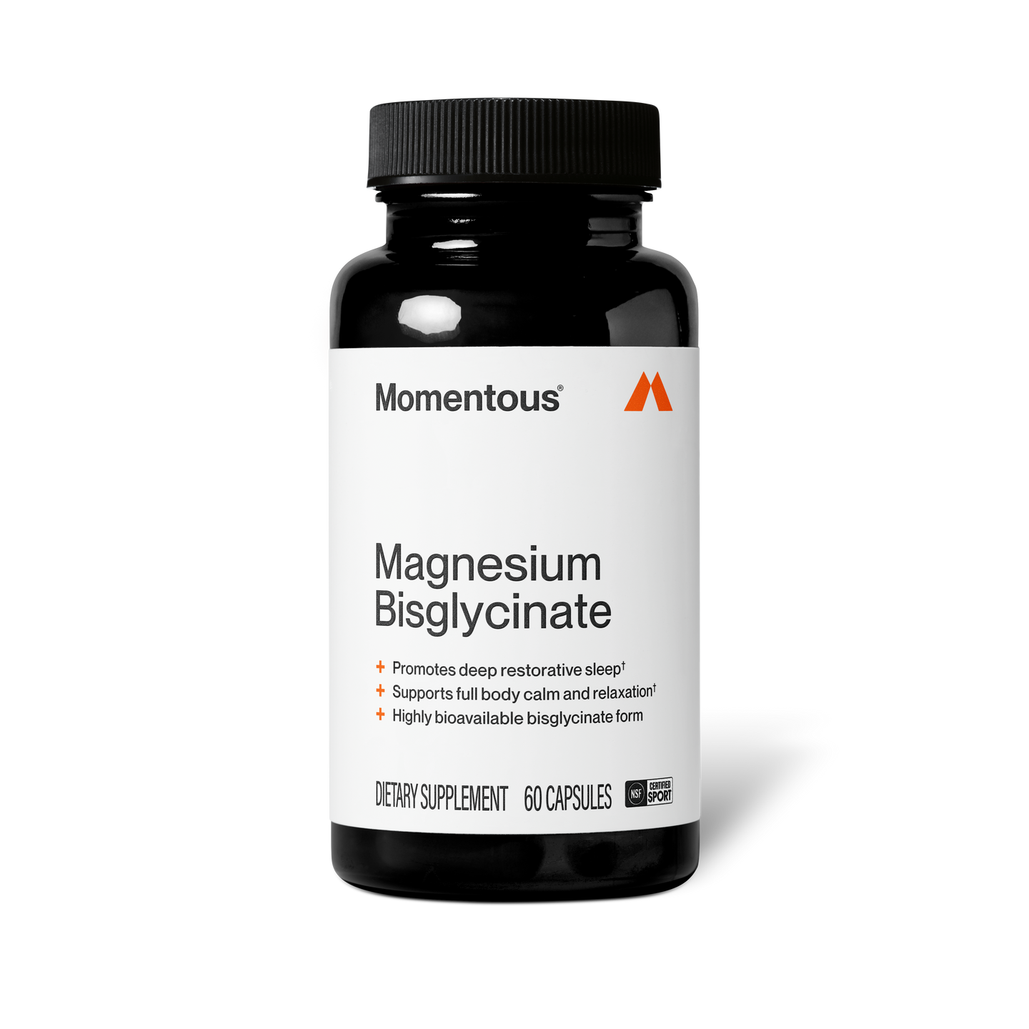 Front view of a Momentous Magnesium Bisglycinate supplement bottle. Black opaque bottle with black cap and white label featuring the Momentous logo and orange triangular 