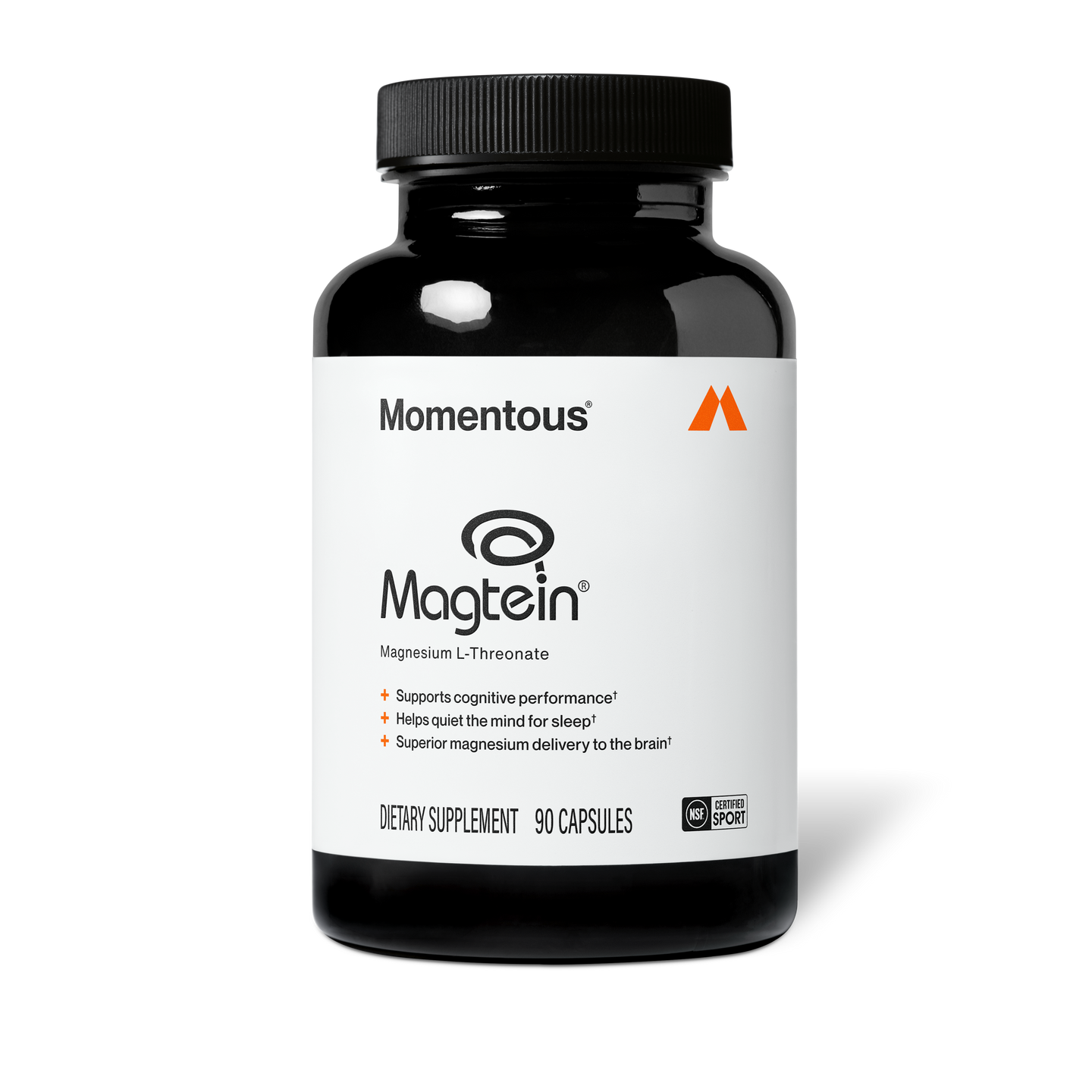 Momentous Magtein Magnesium L-Threonate dietary supplement, 90 capsules, NSF Certified Sport. Label reads: Supports cognitive performance, helps quiet the mind for sleep, superior magnesium delivery to the brain. Dark glass bottle with white label and orange Momentous logo.