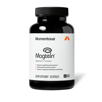Momentous Magtein Magnesium L-Threonate dietary supplement, 90 capsules, NSF Certified Sport. Label reads: Supports cognitive performance, helps quiet the mind for sleep, superior magnesium delivery to the brain. Dark glass bottle with white label and orange Momentous logo.