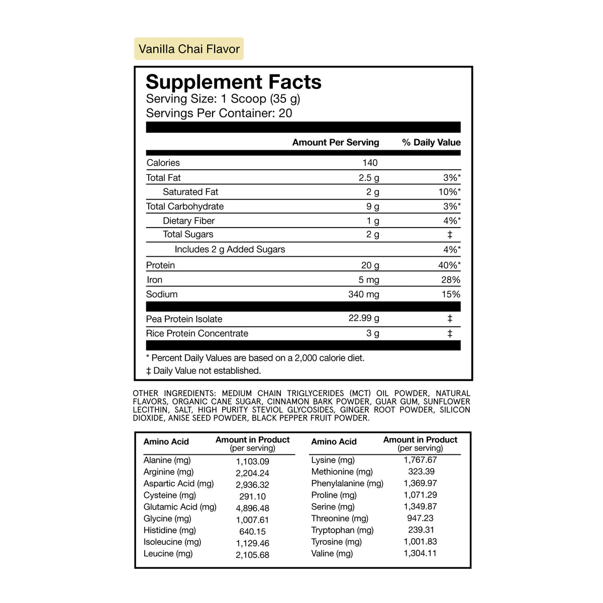 Vanilla Chai Flavored 100% Plant Protein Supplement Facts