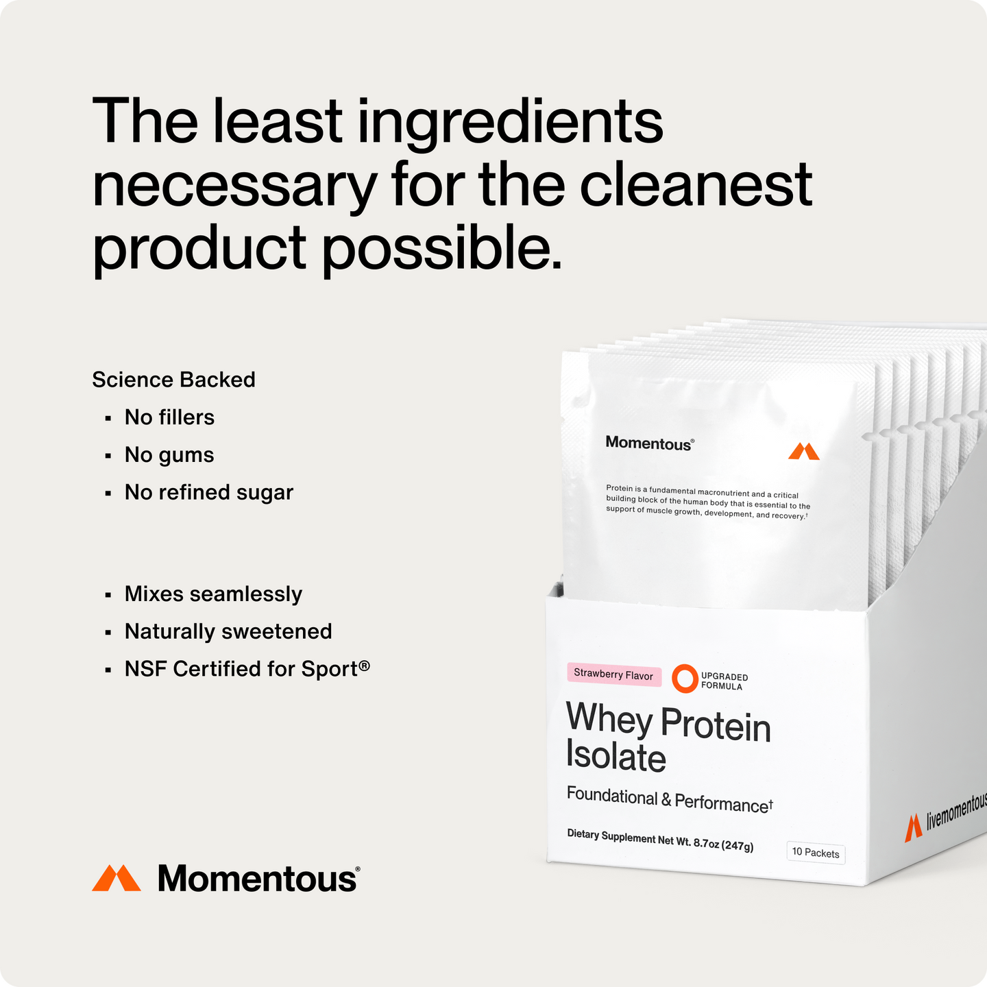 “The least ingredients necessary for the cleanest product possible. Momentous Whey Protein Isolate strawberry single-serve packets with text: science backed, no fillers, no gums, no refined sugar, mixes seamlessly, naturally sweetened, NSF Certified for Sport.”
