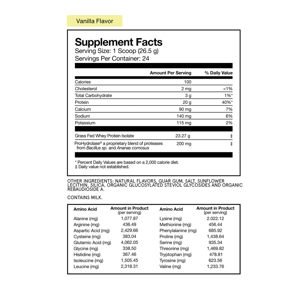 Vanilla flavored Grass Fed Whey Protein Isolate Powder Supplement Facts