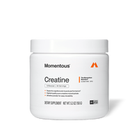 White tub of Momentous Creatine on black background. Label reads: Momentous Creatine – The Momentous Standard Signature Spec – Unflavored, 30 Servings – Supports cognitive and muscle performance, Highest quality pure creatine monohydrate, Ultrafine powder for easy mixability – Dietary Supplement, Net Wt. 5.3oz (150g) – NSF Certified for Sport.