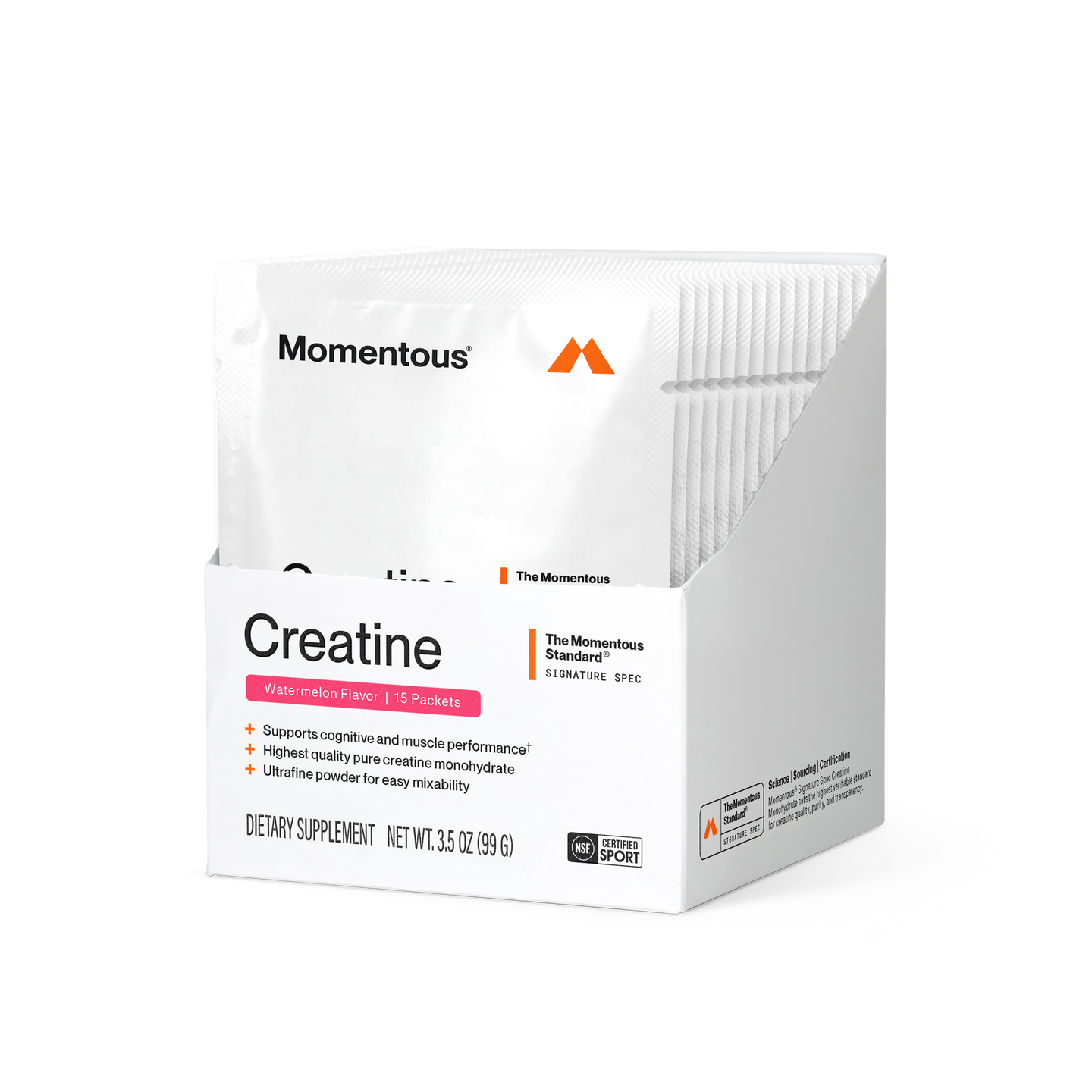 Momentous Creatine dietary supplement carton, Watermelon Flavor, 15 packets. Shows a white foil packet with Momentous logo behind the box. Front panel reads 