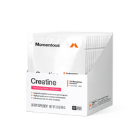 Momentous Creatine dietary supplement carton, Watermelon Flavor, 15 packets. Shows a white foil packet with Momentous logo behind the box. Front panel reads 