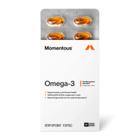 Momentous Omega-3 supplement packet containing four golden capsules in blister pack with product information and branding.