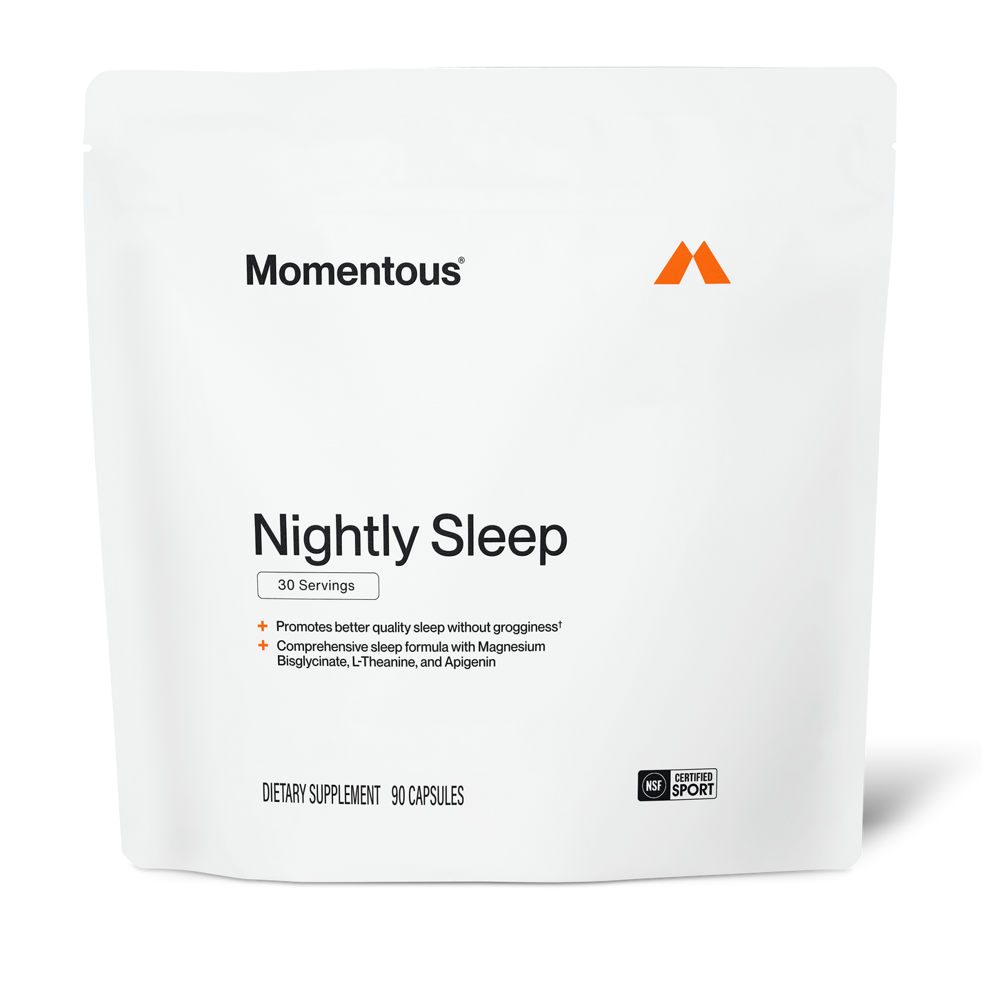 Momentous Nightly Sleep pouch on a white background, 30 servings, 90 capsules, dietary supplement, NSF Certified Sport: promotes better quality sleep without grogginess, comprehensive sleep formula with Magnesium Bisglycinate, L-Theanine, and Apigenin. (250 chars)