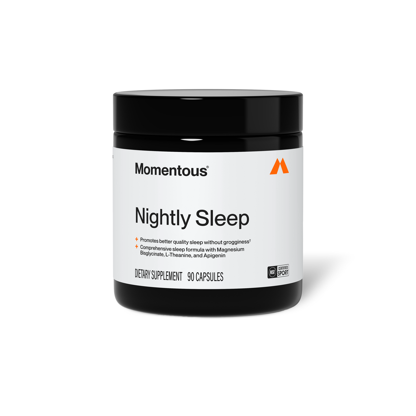 Momentous Nightly Sleep jar on a white background, dietary supplement, 90 capsules, NSF Certified Sport: promotes better quality sleep without grogginess, comprehensive sleep formula with Magnesium Bisglycinate, L-Theanine, and Apigenin. (237 chars)