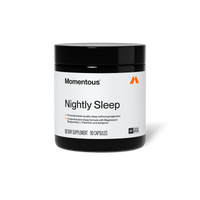 Momentous Nightly Sleep jar on a white background, dietary supplement, 90 capsules, NSF Certified Sport: promotes better quality sleep without grogginess, comprehensive sleep formula with Magnesium Bisglycinate, L-Theanine, and Apigenin. (237 chars)