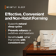 Nightly Sleep graphic headlined Effective, Convenient and Non-Habit Forming, with bullets: supports natural sleep cycles, prevents reliance on sedatives and melatonin, and benefits build rather than erode with consistent use. A Momentous Nightly Sleep bag, 90 capsules, reads promotes better quality sleep without grogginess and comprehensive sleep formula with Magnesium Bisglycinate, L-Theanine, and Apigenin, staged on a nightstand with a glass of water, loose capsules, single-serve packets, and a lamp. (507